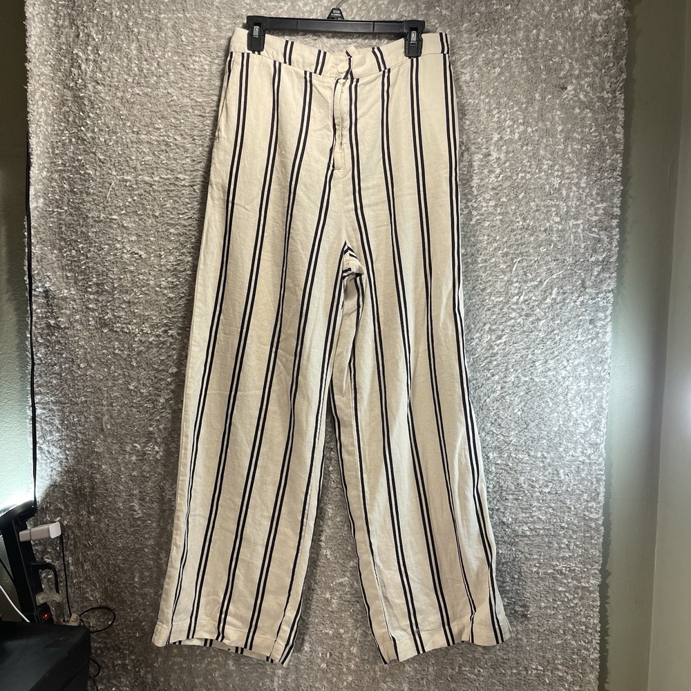 Academy Women Linen Blend Wide Leg Trouser Pants Large Striped Vacation Preppy
